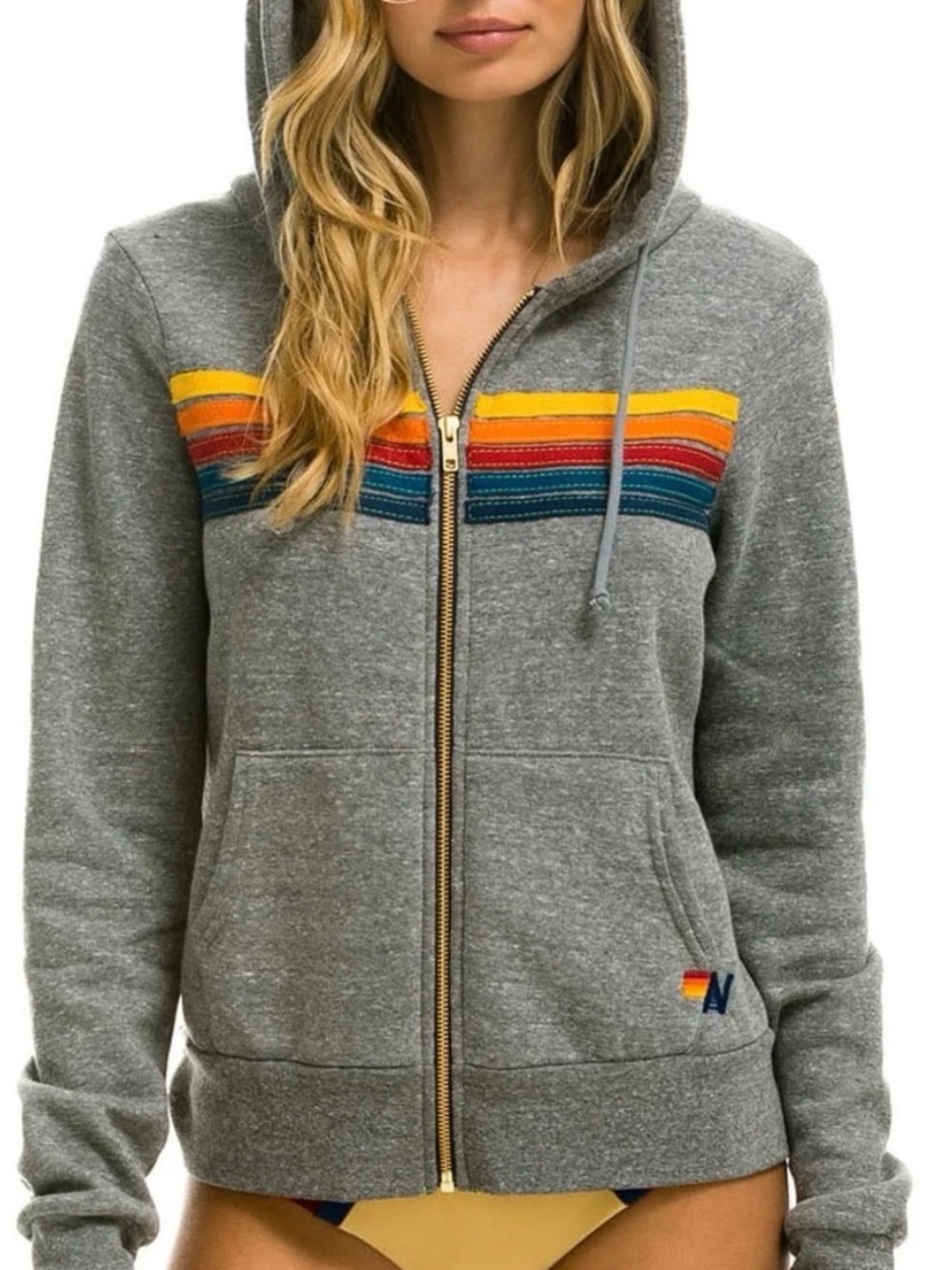 Aviator Nation Full Zip Up Hoodie Jacket Rainbow 5 Stripe Medium M Gray Womens